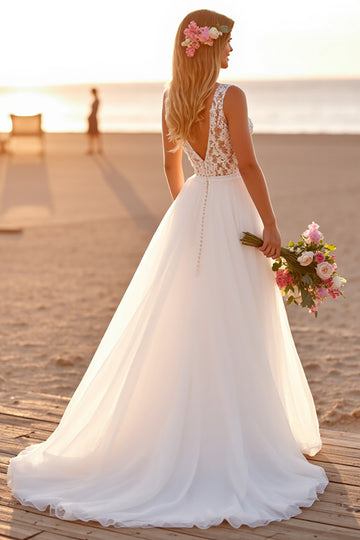 A Line White Long Wedding Dress with Lace